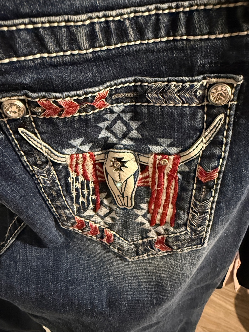 Miss Me Dark Blue Boot Cut Jeans with Red & Cream Embroidered Pocket -m